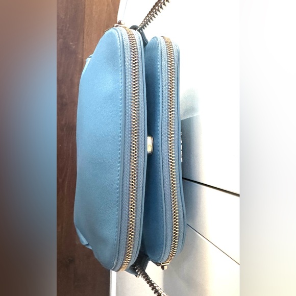 FURLA Blue Leather 2-Way Crossbody Clutch Champagne Chain Double Zip - Picture 9 of 10